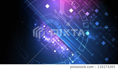 Abstract technological illustration with neon lights on a dark blue gradient background. This vector was hand drawn. Abstract technological illustration with neon lights on a dark blue gradient background. This vector was hand drawn. 118173265