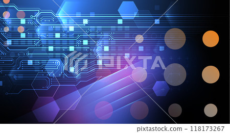 Abstract technological illustration with neon lights on a dark blue gradient background. This vector was hand drawn. 118173267