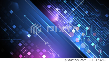 Abstract technological illustration with neon lights on a dark blue gradient background. This vector was hand drawn. Abstract technological illustration with neon lights on a dark blue gradient background. This vector was hand drawn. 118173269
