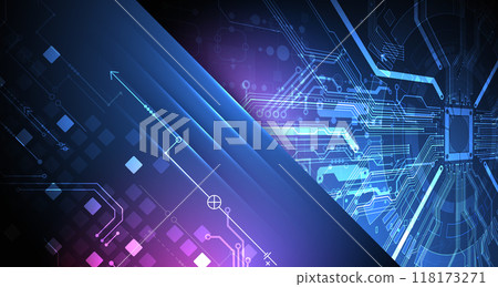 Abstract technological illustration with neon lights on a dark blue gradient background. This vector was hand drawn. Abstract technological illustration with neon lights on a dark blue gradient background. This vector was hand drawn. 118173271