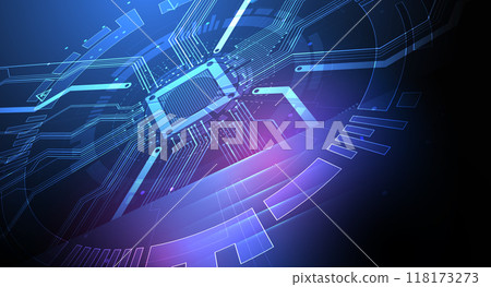 Abstract technological illustration with neon lights on a dark blue gradient background. This vector was hand drawn. 118173273