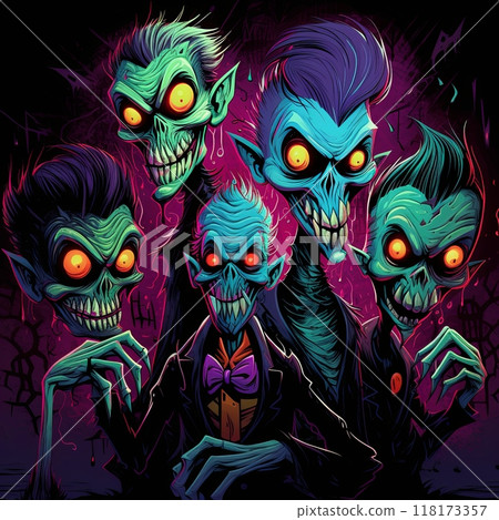 Vibrant and Hilarious Cartoon Monsters With Big Eyes and Sharp Teeth on Black Background 118173357