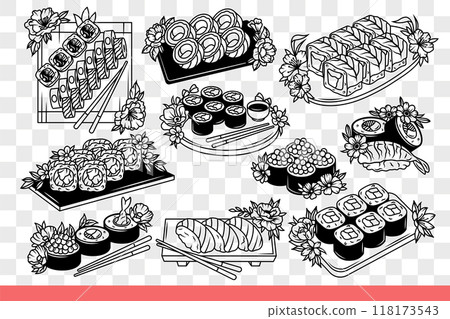 Maki rolls and sushi from japanese restaurant for dinner and opportunity to enjoy fresh. Hand drawn. 118173543