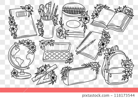 Subjects for schoolchildren studying in school and preparing for first of september. Hand drawn. 118173544