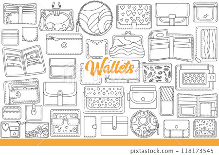 Women wallets made of genuine leather and dermantine, for storing cash bills. Hand drawn. 118173545