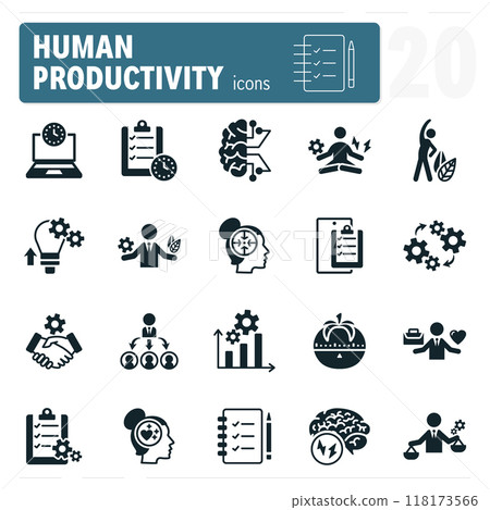 Set of icons showing different aspects of human productivity in business 118173566