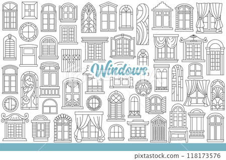 Window and stained glass, decorated with curtains for different architectural styles. Hand drawn 118173576