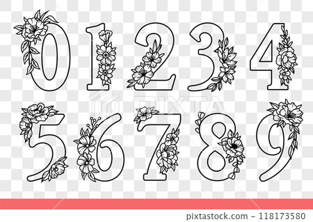 Prime numbers from zero to one are decorated with flowers to teach children how to count. Hand drawn 118173580