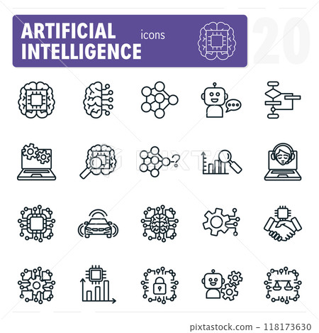 Set of artificial intelligence line icons showing machine learning Set of artificial intelligence line icons showing machine learning 118173630
