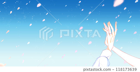 Intertwining hands of a man and a woman wearing rings, cherry blossom storm 118173639