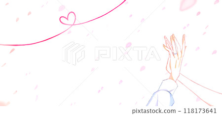 Intertwining hands of a man and a woman wearing rings, cherry blossom storm 118173641