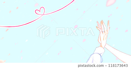 Interlocking hands of a man and a woman wearing rings, cherry blossom petals, red thread Interlocking hands of a man and a woman wearing rings, cherry blossom petals, red thread 118173643