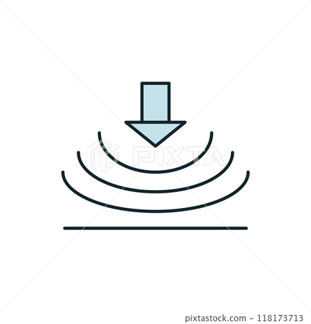 Blue arrow pointing down generating sound waves spreading from a source 118173713