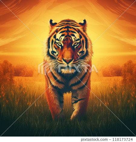 Siberian tiger on the background of the sunset. 118173724