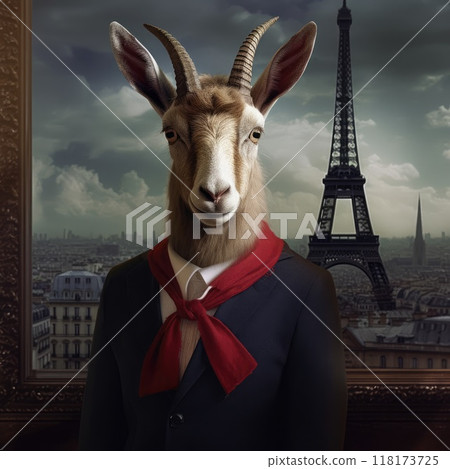 Portrait of a goat on the background of the Eiffel tower 118173725