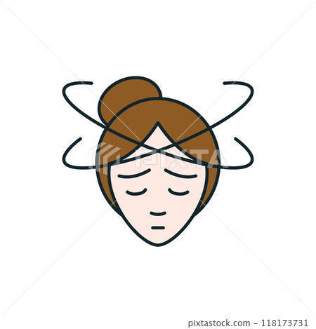 Woman feeling dizzy suffering vertigo dizziness headache migraine 118173731