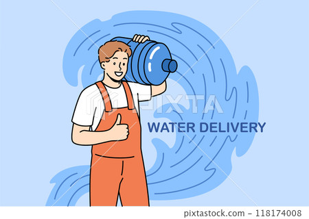 Water delivery man with large bottle on shoulder shows thumbs up and looks at screen 118174008