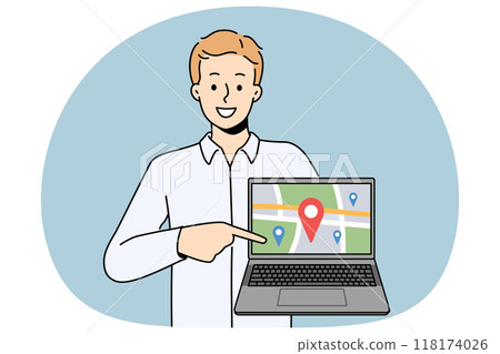 Smiling man show GPS tracker on map on computer Smiling man show GPS tracker on map on computer 118174026
