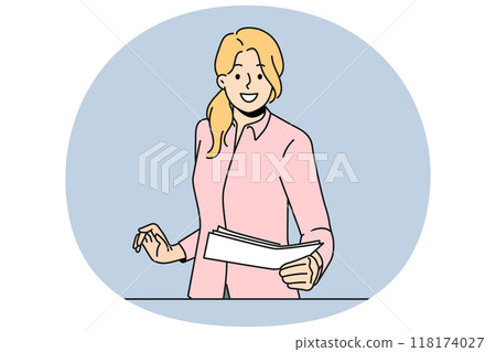 Smiling female employee deliver paperwork in office Smiling female employee deliver paperwork in office 118174027