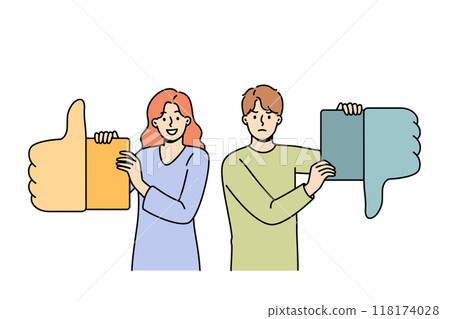 Feedback from men and women symbolizes difference in user experience by showing thumbs up or down 118174028