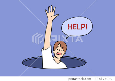 Man fallen into hole screams for help and raises hand, for concept of panic attack and helplessness 118174029