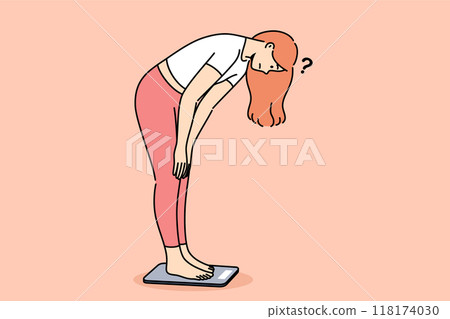 Sad woman checking own weight by stepping on scales and feeling embarrassed by increasing kilograms 118174030
