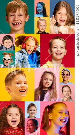 Collage of expressive kids showcasing variety of emotions from curiosity to joy. Kids pose against colorful backgrounds. Collage of expressive kids showcasing variety of emotions from curiosity to joy. Kids pose against colorful backgrounds. 118174502