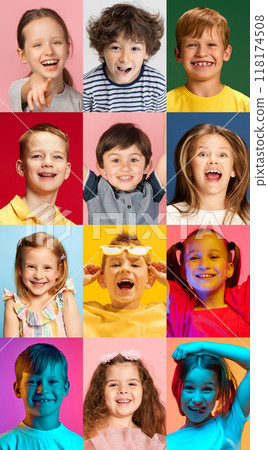 Collage made of portraits of young children engaged in learning and discovery, showing wonder and fun against bright, bold colors. 118174508