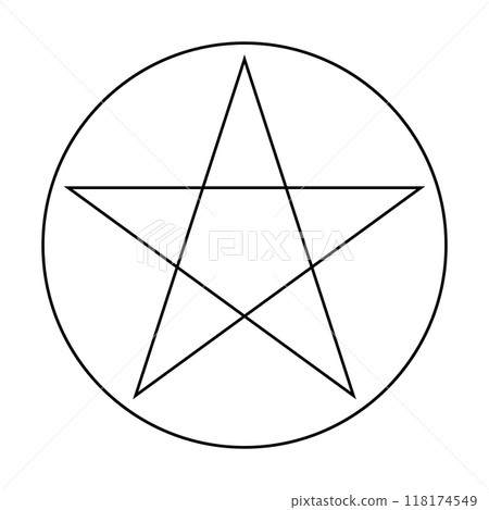Pentagram circumscribed by a circle. Five-pointed star sign. Magical symbol of faith. Simple flat black illustration. Pentagram circumscribed by a circle. Five-pointed star sign. Magical symbol of faith. Simple flat black illustration. 118174549