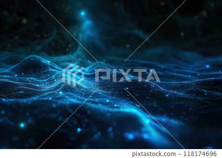 Glowing blue wireframe wavy topographic tech background. Generative AI 118174696