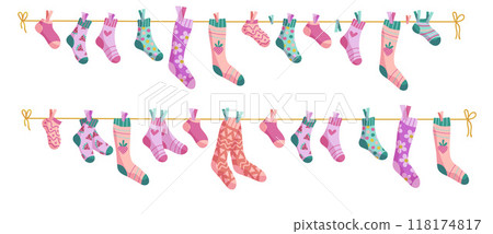 Clothesline socks illustration set. Socks on a rope, Baby socks with patterns vector cartoon. 118174817