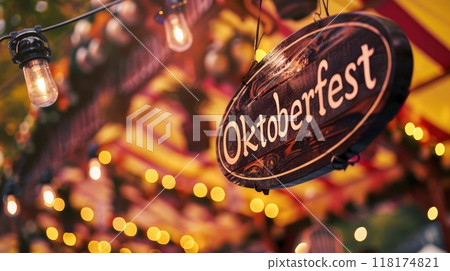 oktoberfest hanging wooden sign in autumn 118174821