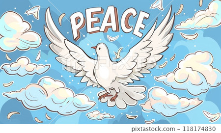 white peace dove on blue background illustration 118174830
