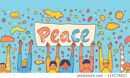 people holding up sign the word peace illustration people holding up sign the word peace illustration 118174831