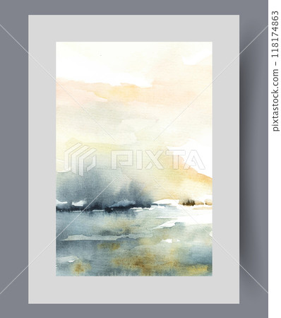 Morning nature with bright sunny sky over lake and coast on horizon, on abstract watercolor poster Morning nature with bright sunny sky over lake and coast on horizon, on abstract watercolor poster 118174863