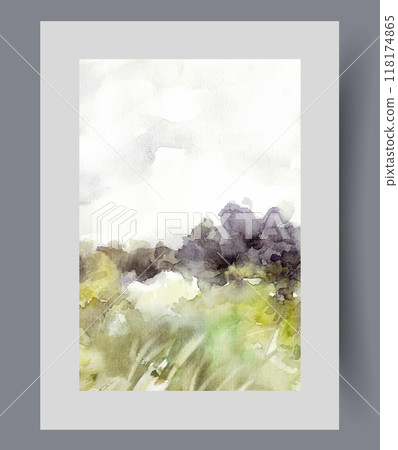 Green meadow on edge of forest or garden with trees, under sunny sky, on watercolor vertical poster Green meadow on edge of forest or garden with trees, under sunny sky, on watercolor vertical poster 118174865