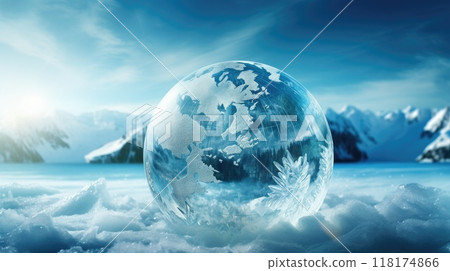 frozen planet earth in cold winter illustration 118174866