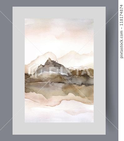 Landscape with mountains on seashore in cloudy weather, in watercolor vertical painting Landscape with mountains on seashore in cloudy weather, in watercolor vertical painting 118174874