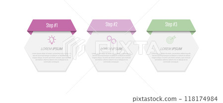 3 stages of development, improvement or training. Infographics with visual action icons for business, finance, project, plan or marketing 118174984