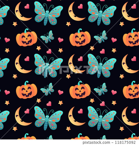Halloween Pattern with Orange Pumpkins, Bootiful Blue Butterflies, Whimsical Moons, Stars and Hearts. Spooky 31 October Party Print. Creepy Poster Design. Vector illustration 118175092