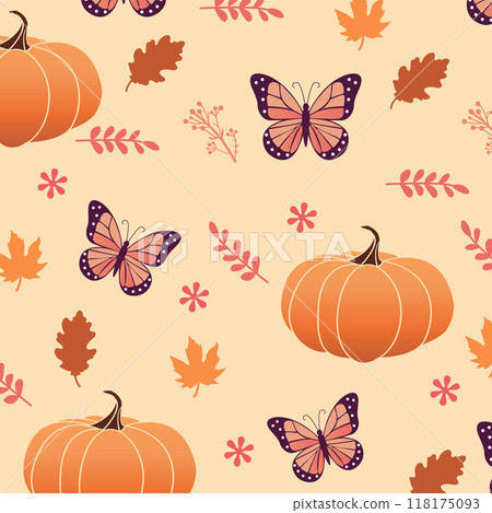 Thanksgiving Day Pattern with Orange Pumpkin, Butterfly, Falling Leaves. Autumn Harvest Decor. Cute Fall Halloween. Vector illustration 118175093