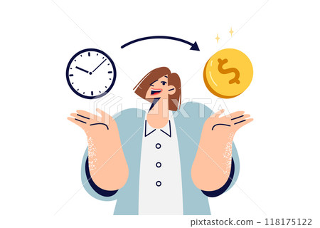 Woman uses time management to increase personal income, stands near clock and coin Woman uses time management to increase personal income, stands near clock and coin 118175122
