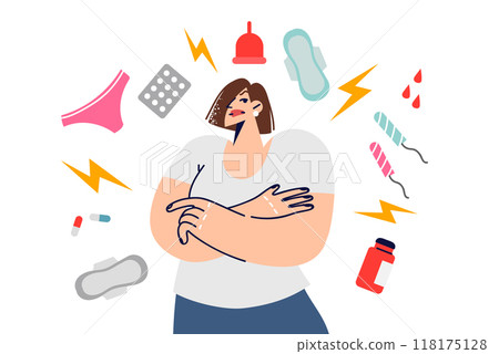 Menstruation cycle causes bad mood in woman standing among medicines and feminine hygiene products 118175128