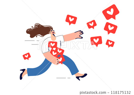 Woman is chasing likes from social networks, wanting to be popular blogger and influencer Woman is chasing likes from social networks, wanting to be popular blogger and influencer 118175132