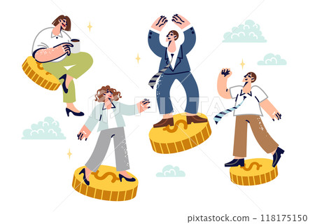 Team business people achieves financial success, receives dividends, flying on coins across sky 118175150