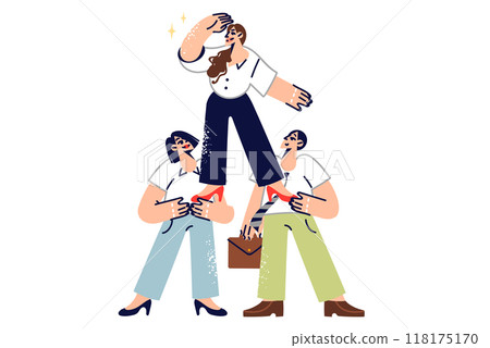 Woman leader looks around in search of new opportunities, with support of two colleagues 118175170