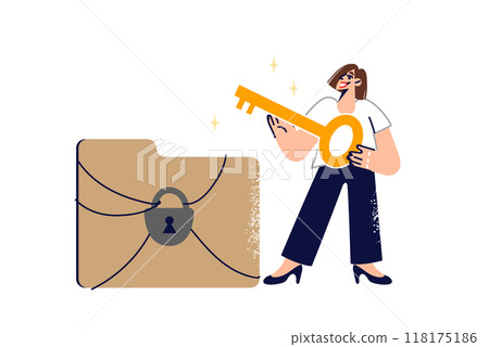 Woman care of security of storing sensitive information, locking folder with documents with key 118175186