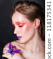 Woman with Butterfly and Artistic Makeup 118175341