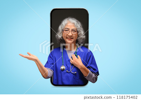Mature doctor emerging from a smartphone scree and presenting something. Telemedicine services concept Mature doctor emerging from a smartphone scree and presenting something. Telemedicine services concept 118175402