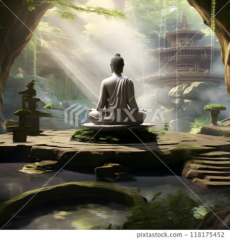 Serene Buddha in Mystical Forest Temple Setting 118175452